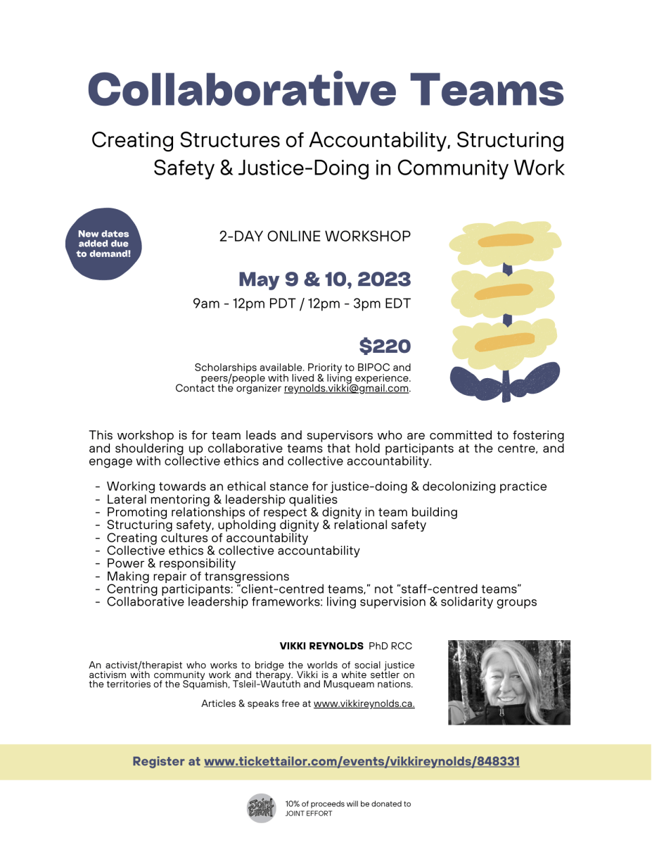 Creating Structures of Accountability, Structuring Safety & Justice-Doing in Community Work New dates added due to demand! JOINT EFFORT 10% of proceeds will be donated to VIKKI REYNOLDS PhD RCC An activist/therapist who works to bridge the worlds of social justice activism with community work and therapy. Vikki is a white settler on the territories of the Squamish, Tsleil-Waututh and Musqueam nations. Articles & speaks free at www.vikkireynolds.ca. This workshop is for team leads and supervisors who are committed to fostering and shouldering up collaborative teams that hold participants at the centre, and engage with collective ethics and collective accountability. - Working towards an ethical stance for justice-doing & decolonizing practice - Lateral mentoring & leadership qualities - Promoting relationships of respect & dignity in team building - Structuring safety, upholding dignity & relational safety - Creating cultures of accountability - Collective ethics & collective accountability - Power & responsibility - Making repair of transgressions - Centring participants: “client-centred teams,” not “staff-centred teams” - Collaborative leadership frameworks: living supervision & solidarity groups Collaborative Teams 2-DAY ONLINE WORKSHOP May 9 & 10, 2023 9am - 12pm PDT / 12pm - 3pm EDT $220 Scholarships available. Priority to BIPOC and peers/people with lived & living experience. Contact the organizer reynolds.vikki@gmail.com. Register at www.tickettailor.com/events/vikkireynolds/848331