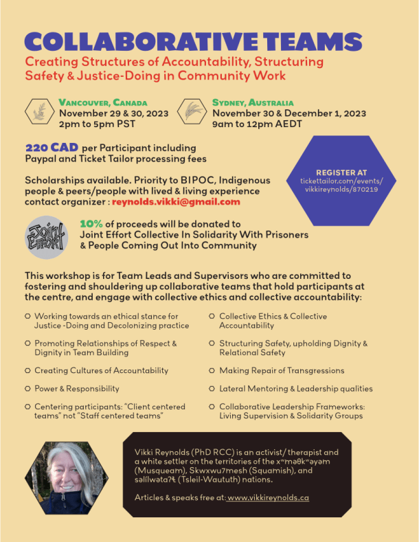 COLLABORATIVE TEAMS Vancouver, Canada November 29 & 30, 2023 2pm to 5pm PST Scholarships available. Priority to BIPOC, Indigenous people & peers/people with lived & living experience contact organizer : reynolds.vikki@gmail.com Working towards an ethical stance for Justice -Doing and Decolonizing practice Promoting Relationships of Respect & Dignity in Team Building Creating Cultures of Accountability Power & Responsibility Centering participants: “Client centered teams” not “Staff centered teams” Collective Ethics & Collective Accountability Structuring Safety, upholding Dignity & Relational Safety Making Repair of Transgressions Lateral Mentoring & Leadership qualities Collaborative Leadership Frameworks: Living Supervision & Solidarity Groups 10% of proceeds will be donated to Joint Effort Collective In Solidarity With Prisoners & People Coming Out Into Community Vikki Reynolds (PhD RCC) is an activist/ therapist and a white settler on the territories of the xwməθkwəyəm (Musqueam), Skwxwu7mesh (Squamish), and səlílwətaʔɬ (Tsleil-Waututh) nations. Articles & speaks free at: www.vikkireynolds.ca Creating Structures of Accountability, Structuring Safety & Justice-Doing in Community Work Sydney, Australia November 30 & December 1, 2023 9am to 12pm AEDT per P articipant including Paypal and Ticket Tailor processing fees 220 CAD This workshop is for Team Leads and Supervisors who are committed to fostering and shouldering up collaborative teams that hold participants at the centre, and engage with collective ethics and collective accountability: REGISTER AT tickettailor.com/events/vikkireynolds/870219