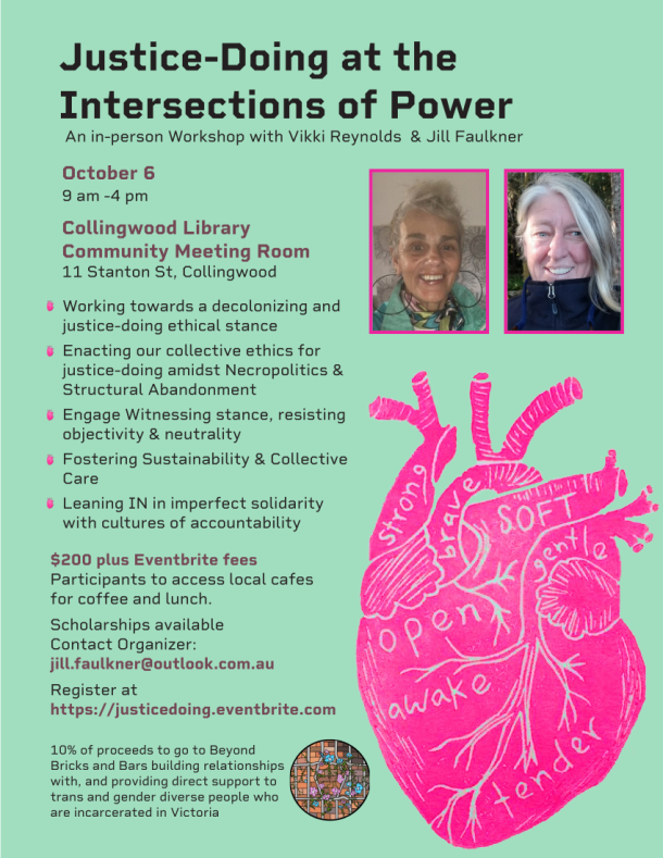 Justice-Doing at the Intersections of Power An in-person Workshop with Vikki Reynolds & Jill Faulkner October 6 9 am -4 pm Collingwood Library Community Meeting Room 11 Stanton St, Collingwood Working towards a decolonizing and justice-doing ethical stance Enacting our collective ethics for justice-doing amidst Necropolitics & Structural Abandonment Engage Witnessing stance, resisting objectivity & neutrality Fostering Sustainability & Collective Care Leaning IN in imperfect solidarity with cultures of accountability $200 plus Eventbrite fees Participants to access local cafes for coffee and lunch. Scholarships available Contact Organizer: jill.faulkner@outlook.com.au Register at https://justicedoing.eventbrite.com 10% of proceeds to go to Beyond Bricks and Bars building relationships with, and providing direct support to trans and gender diverse people who are incarcerated in Victoria