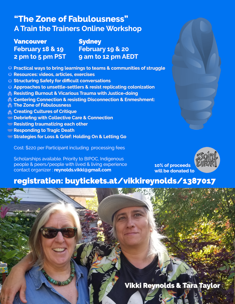 “The Zone of Fabulousness” A Train the Trainers Online Workshop Vikki Reynolds & Tara Taylor Practical ways to bring learnings to teams & communities of struggle Resources: videos, articles, exercises Structuring Safety for diffifficult conversations Approaches to unsettle-settlers & resist replicating colonization Resisting Burnout & Vicarious Trauma with Justice-doing Centering Connection & resisting Disconnection & Enmeshment: The Zone of Fabulousness Creating Cultures of Critique Debriefifing with Collective Care & Connection Resisting traumatizing each other Responding to Tragic Death Strategies for Loss & Grief: Holding On & Letting Go Vancouver February 18 & 19 2 pm to 5 pm PST Sydney February 19 & 20 9 am to 12 pm AEDT Cost: $220 per Participant including processing fees Scholarships available. Priority to BIPOC, Indigenous people & peers/people with lived & living experience contact organizer : reynolds.vikki@gmail.com 10% of proceeds will be donated to registration: buytickets.at/vikkireynolds/1387017