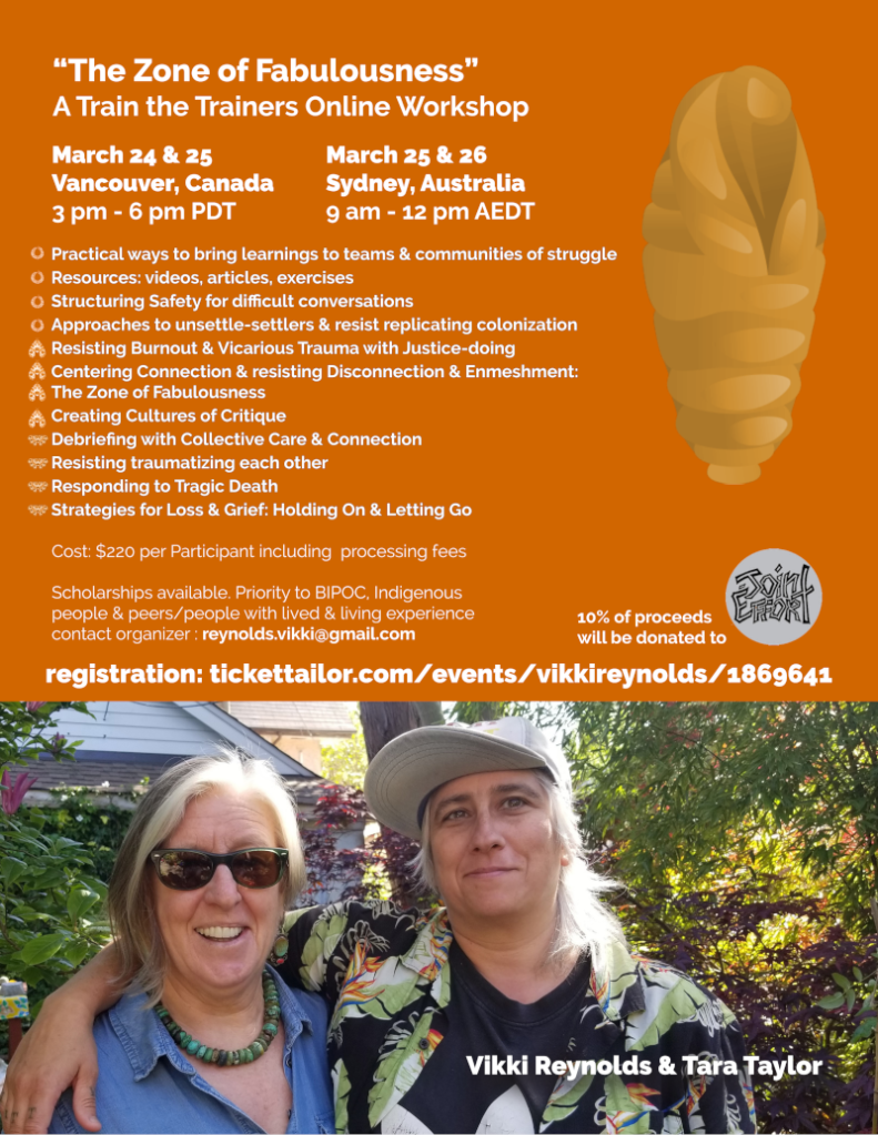 “The Zone of Fabulousness” A Train the Trainers Online Workshop Vikki Reynolds & Tara Taylor Practical ways to bring learnings to teams & communities of struggle Resources: videos, articles, exercises Structuring Safety for diffifficult conversations Approaches to unsettle-settlers & resist replicating colonization Resisting Burnout & Vicarious Trauma with Justice-doing Centering Connection & resisting Disconnection & Enmeshment: The Zone of Fabulousness Creating Cultures of Critique Debriefifing with Collective Care & Connection Resisting traumatizing each other Responding to Tragic Death Strategies for Loss & Grief: Holding On & Letting Go March 24 & 25 Vancouver, Canada 3 pm - 6 pm PDT March 25 & 26 Sydney, Australia 9 am - 12 pm AEDT Cost: $220 per Participant including processing fees Scholarships available. Priority to BIPOC, Indigenous people & peers/people with lived & living experience contact organizer : reynolds.vikki@gmail.com 10% of proceeds will be donated to registration: tickettailor.com/events/vikkireynolds/1869641